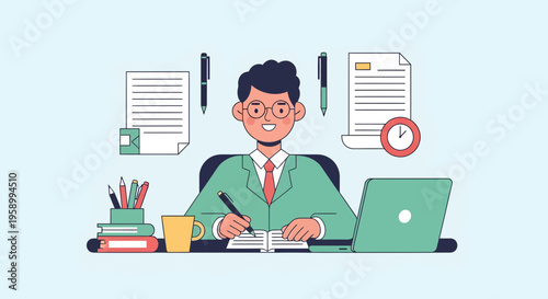 Man Working Diligently at Desk with Laptop and Documents.