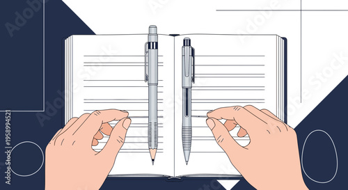 Hands writing in notebook with pens, top view, creative process, brainstorming, planning