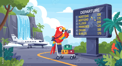 Parrot Tourist with Luggage at Tropical Airport Departure Board.