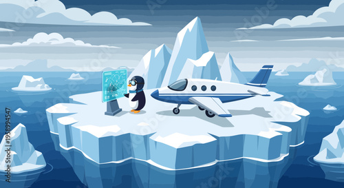 Penguin and Airplane on an Iceberg.