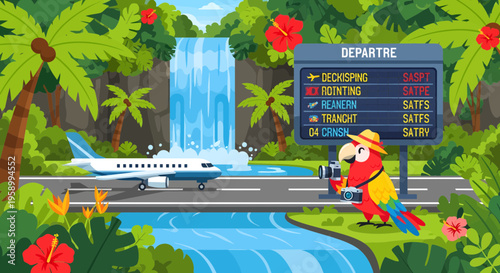 Parrot wearing hat and sunglasses holding passport and boarding pass at airport.