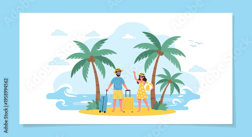 Happy Couple Arriving on Tropical Island Beach with Palm Trees and Luggage for Vacation