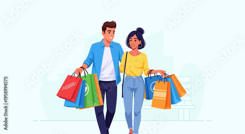 Happy Couple Shopping Together, Carrying Colorful Shopping Bags, Enjoying Leisure Time