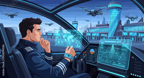 Pilot in futuristic cockpit using holographic interface technology.