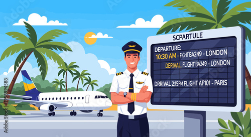 Pilot Standing Proudly at the Airport Departure Board.