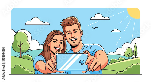 Happy couple taking a selfie outdoors in a sunny park, lifestyle photo
