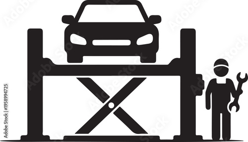 Car on lift and mechanic silhouette icon, vector. Car service repair simple illustration.Cars on repair lift logo icon sign symbol collections.