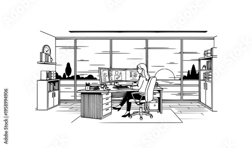 Corporate office desk with businesswoman working on computer and sunset window view black and white vector