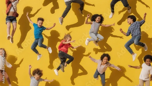 Diverse children joyfully jumping against a bright yellow background, casting long shadows