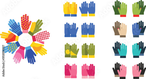 Colorful Gloves Vector Set with Winter Handwear Collection, Different Styles and Patterns, Warm Clothing Accessories for Cold Weather Illustration