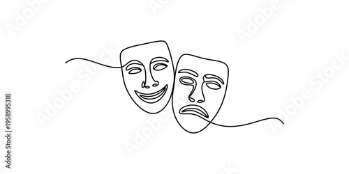 Continuous line drawing of comedy and tragedy masks side by side on white background theater