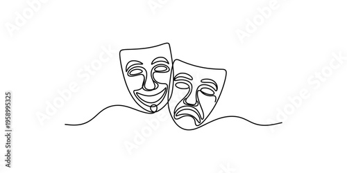 Theatrical comedy and tragedy masks in a simple continuous line drawing style theater theatre mask