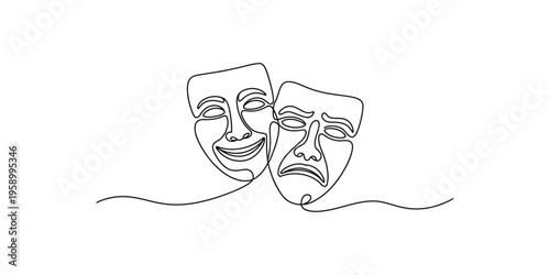 Continuous line drawing of comedy and tragedy masks side by side on white background theater