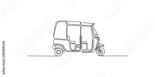 Continuous line drawing of a tuk tuk or auto rickshaw vehicle three wheeler transportation art