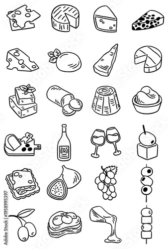 Scalable hand drawn cheese and gourmet food icons for web design