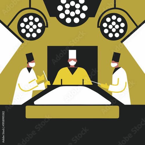 Team of specialized surgeons performs a complex operation on a patient in a modern operating room equipped with advanced medical monitors.