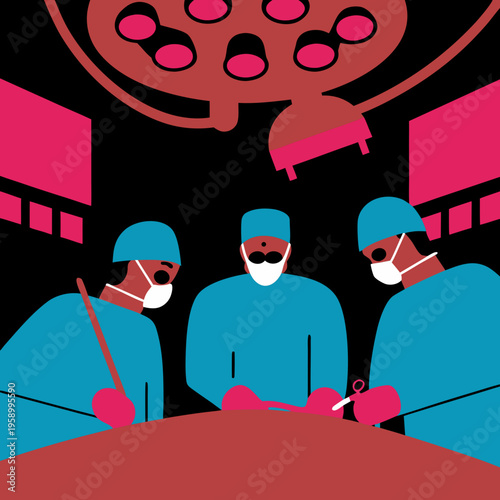 Team of specialized surgeons performs a complex operation on a patient in a modern operating room equipped with advanced medical monitors.