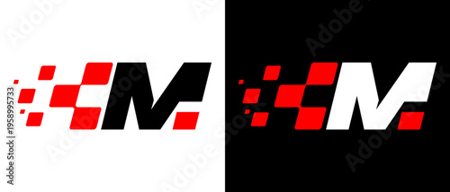 Muscular M-letter motorsport logo built from bold pixel forms, representing strength, acceleration, and racing dominance
