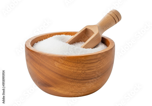 Wooden bowl of salt or sugar with scoop isolated on transparent