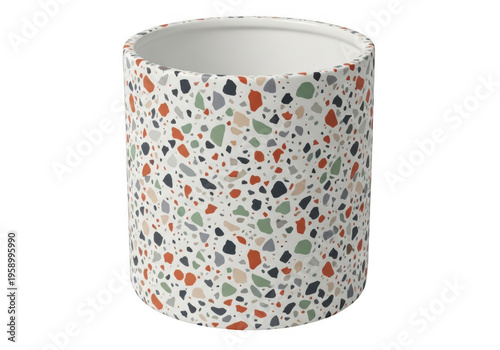 Terrazzo pattern ceramic cylinder pot isolated on transparent background