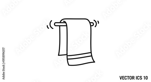 Hand-drawn icon of a towel hanging on a towel rack, simple line art illustration