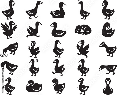 25 Unique Black Goose and Duck Icons with Varied Poses.