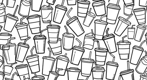 A minimalist vector illustration of disposable cups with straws in a chaotic pattern