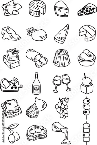 Hand drawn cheese and charcuterie doodle elements vector set
