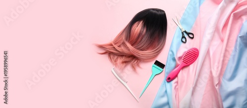 Fotografie Wig, hairdressing supplies and transgender flag on pink background with space fo