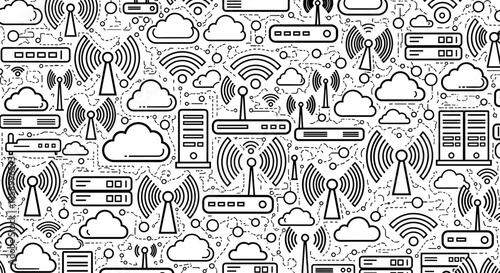 A seamless pattern of black and white vector graphics depicting various technology and communication icons