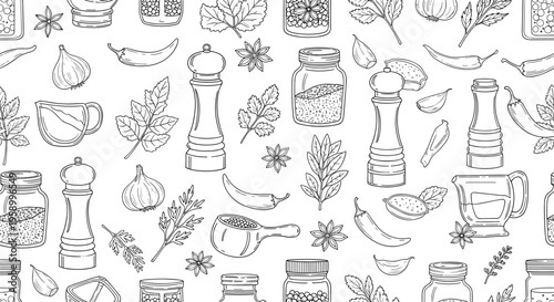 A seamless pattern of various spices and herbs in a minimalist line art style