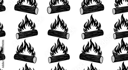 A seamless pattern of black and white campfire illustrations on a plain background