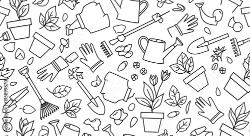 A flat illustration of various gardening tools and plants in a minimal line art style