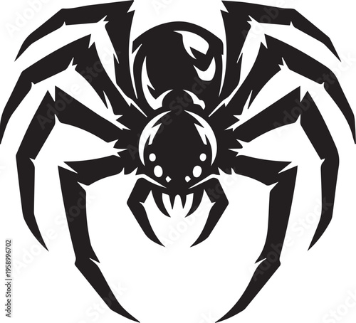 A striking black and white illustration of a menacing spider design