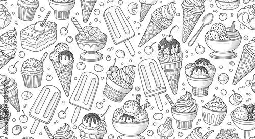 A seamless pattern of desserts and sweets in a minimalist line art style
