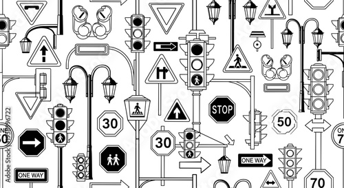 A collection of various road signs and traffic symbols in a vector graphic illustration