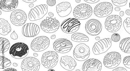 A vector graphic illustration of various donuts and pastries in a flat minimal style