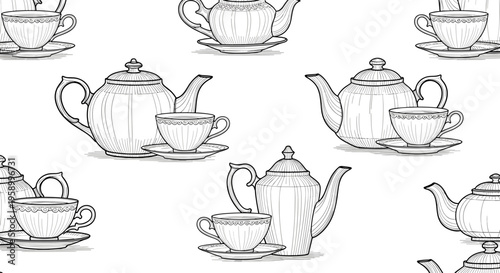 A seamless pattern of teapots and teacups in a simple line art style