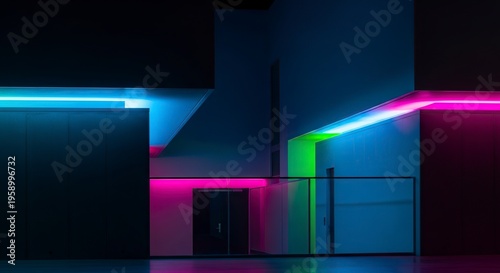 Abstract neon lights and geometric shapes in dark space.