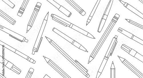 A minimalist vector illustration of various pens scattered on a white background