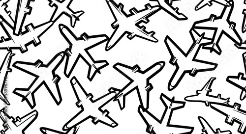 A minimalist vector graphic illustration of multiple airplanes in flight on a white background