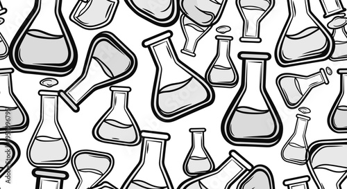 A black and white vector illustration of various laboratory beakers and flasks on a white background