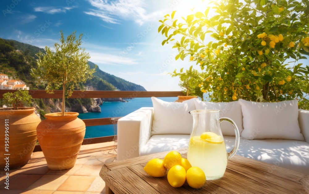 Naklejka premium Bright Outdoor Lounge with Cushioned Sofa and Lemonade on Terrace