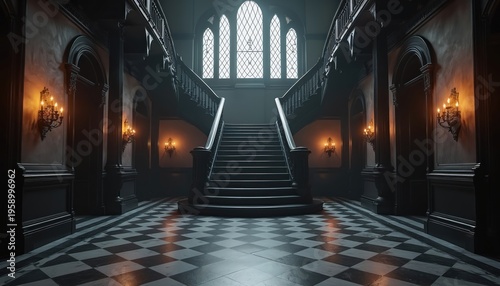 Grand dark mansion foyer features checkered floor gothic staircase ornate wall sconces. Elegant vintage interior design with dramatic lighting, spacious entryway, and classic architecture.
