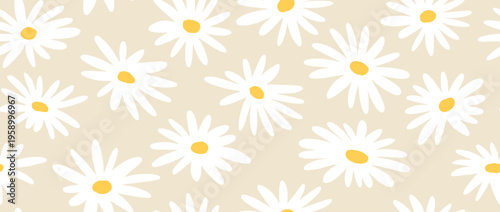 White and beige flower seamless pattern background. Cute hand drawn floral repeated wallpaper. Romantic chamomile blossom motif for textile print, fabric swatch, dress ornament, wrapping paper. Vector