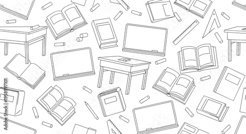 A minimalist vector illustration of various school and office supplies scattered on a white background