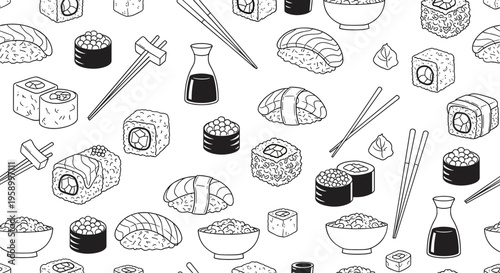 A seamless pattern of sushi and Japanese food icons in a flat minimalist line art style