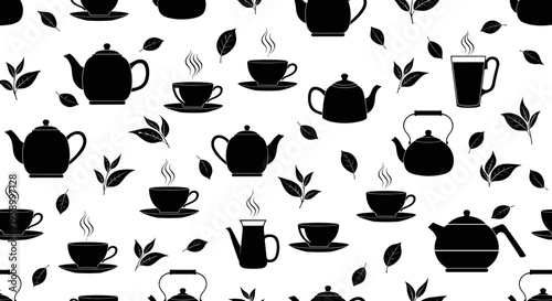 A black and white vector graphic illustration of a tea cup and teapot pattern