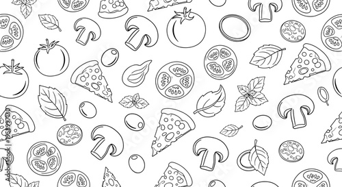 A vector graphic illustration of various pizza ingredients and slices in a flat minimal design