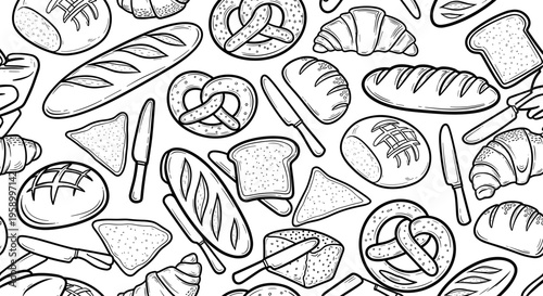 A black and white illustration of various types of bread and baking utensils on a flat design background